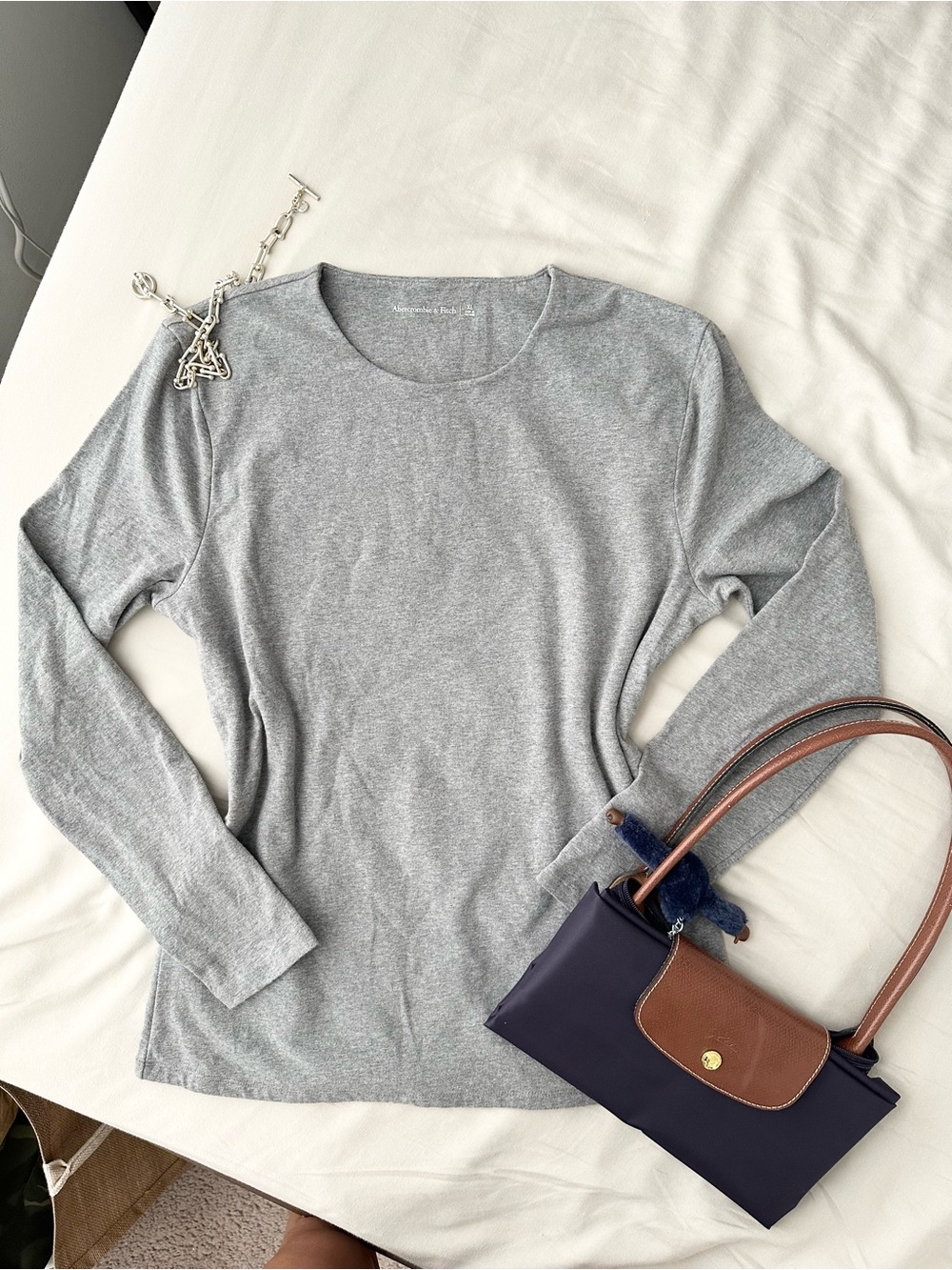 Abercrombie & Fitch Cotton Heather Gray Long-Sleeve Crewneck Top